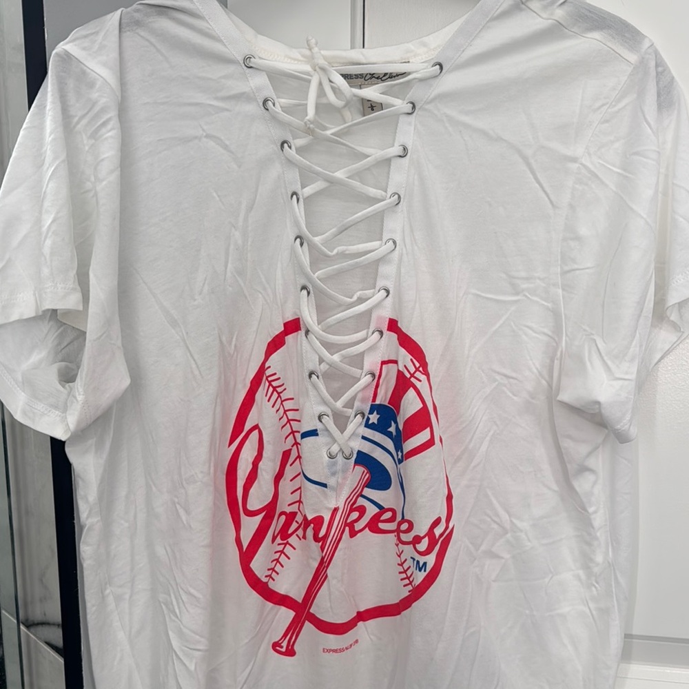 Express White and Red Lace-Up Tee